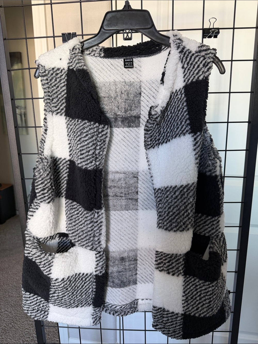 SHEIN Black & White Plaid Sherpa Hooded Vest
